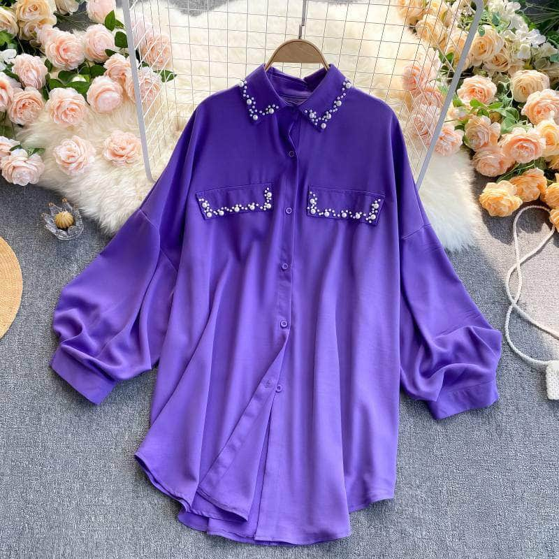 Lantern Sleeves Pearl Embellished Loose Shirt