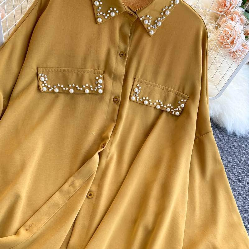 Lantern Sleeves Pearl Embellished Loose Shirt