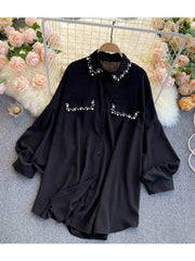 Lantern Sleeves Pearl Embellished Loose Shirt MAX SIZE / Black