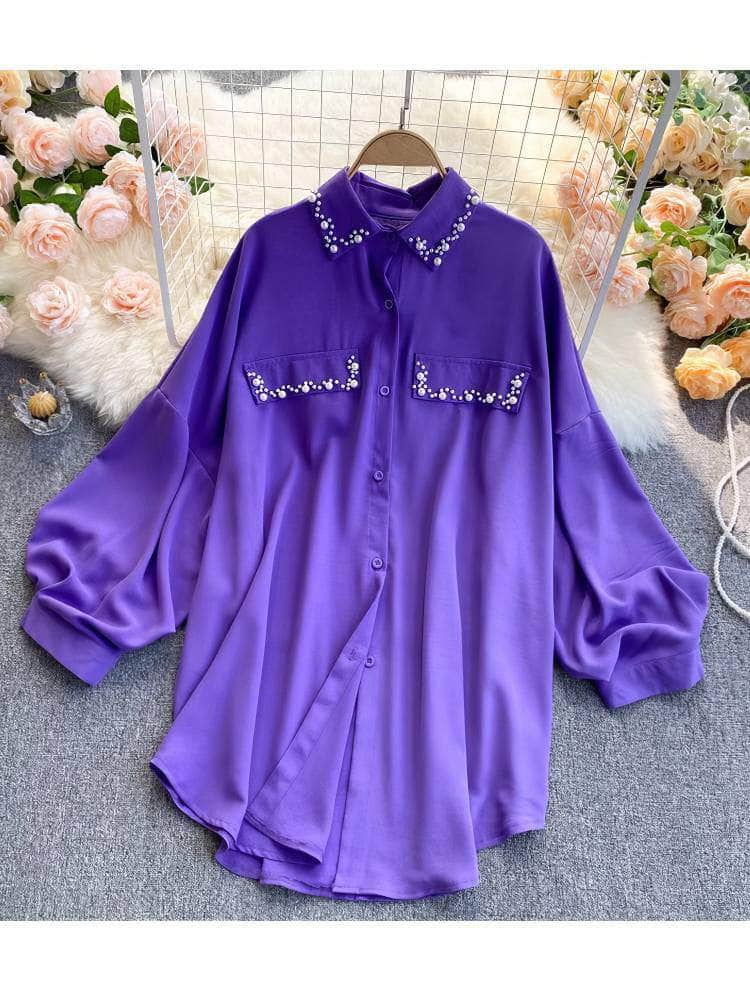 Lantern Sleeves Pearl Embellished Loose Shirt MAX SIZE / Plum