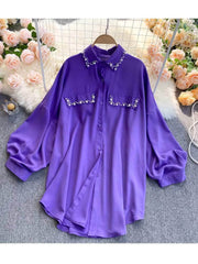 Lantern Sleeves Pearl Embellished Loose Shirt MAX SIZE / Plum