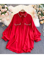 Lantern Sleeves Pearl Embellished Loose Shirt MAX SIZE / Red