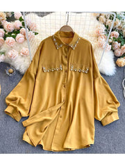 Lantern Sleeves Pearl Embellished Loose Shirt MAX SIZE / Yellow