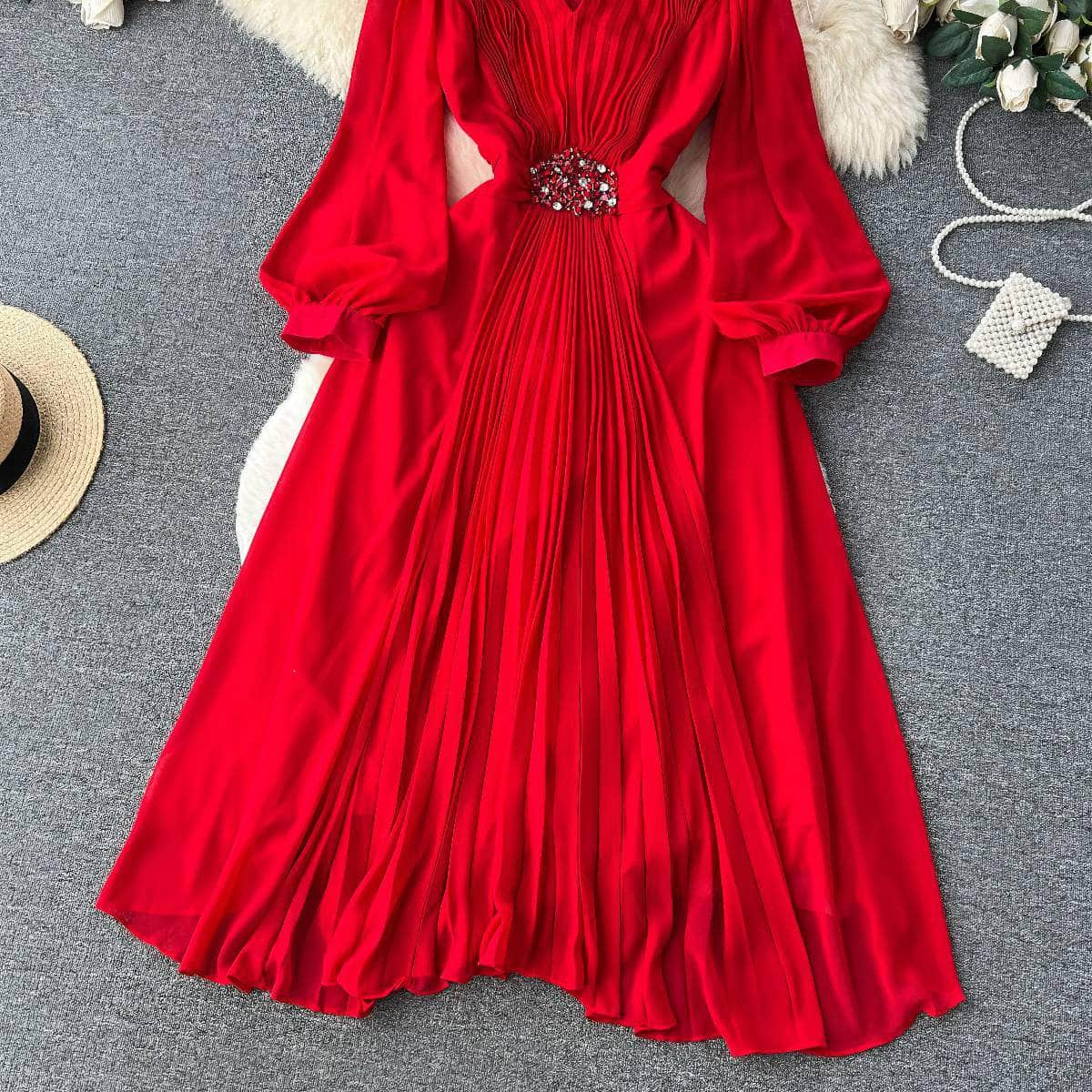 Lantern Sleeves Pleated Rhinestone Detailed Maxi Dress