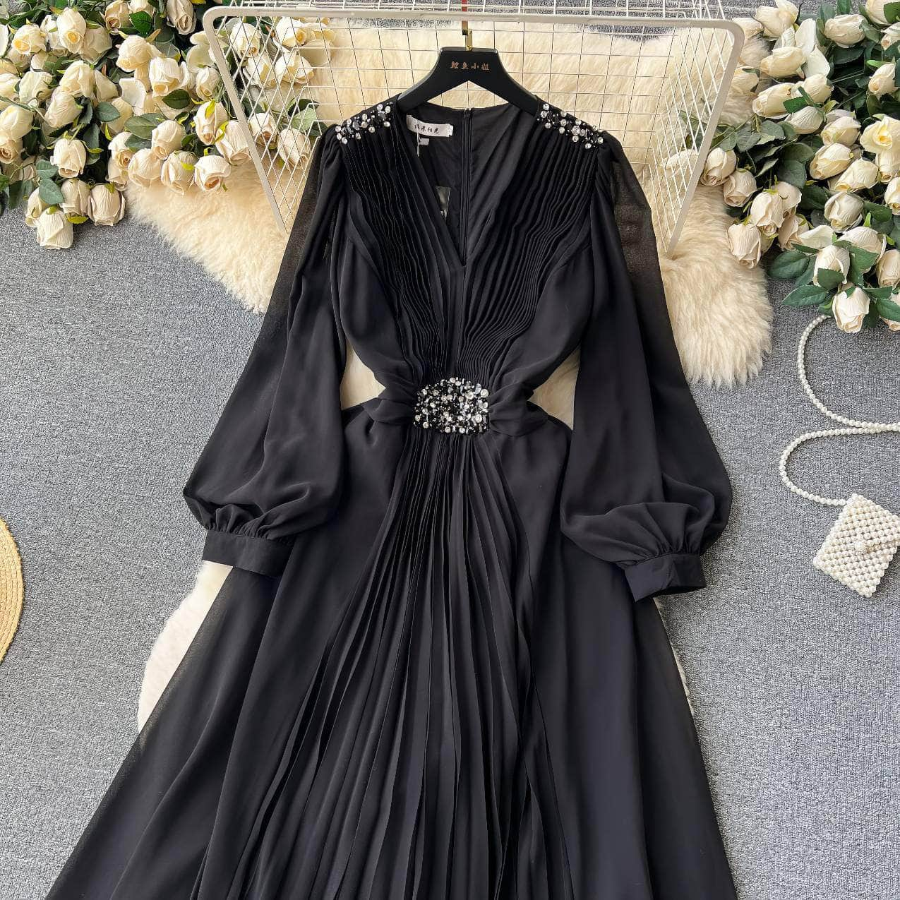 Lantern Sleeves Pleated Rhinestone Detailed Maxi Dress