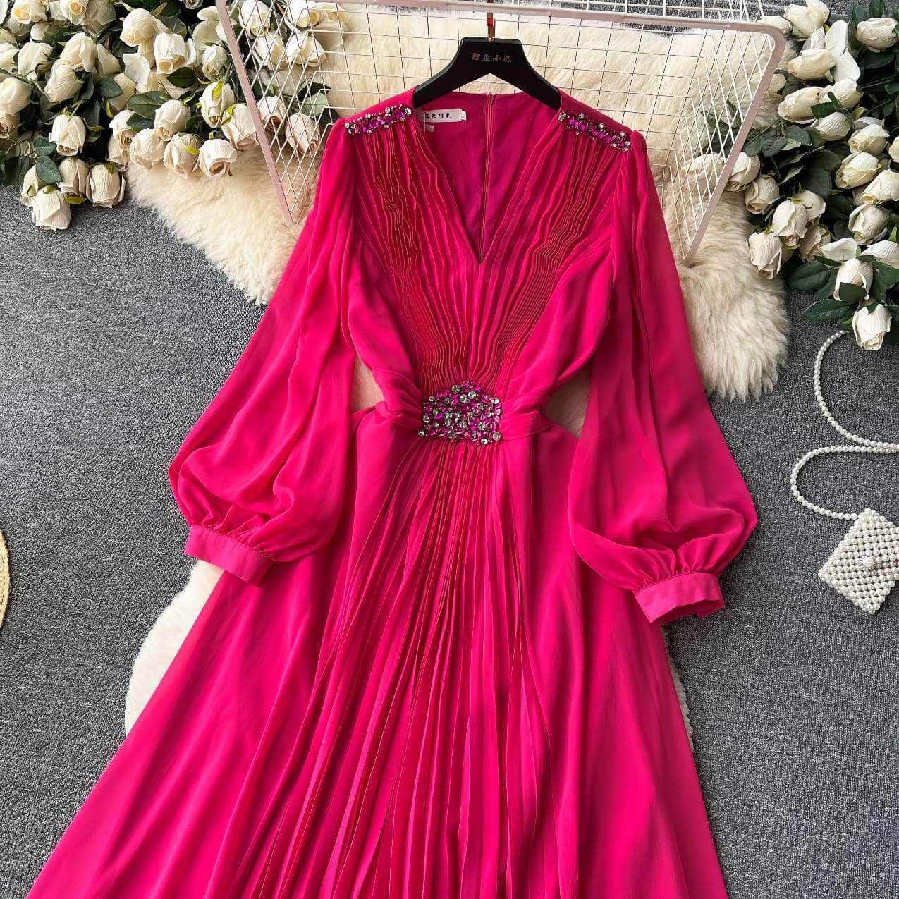 Lantern Sleeves Pleated Rhinestone Detailed Maxi Dress