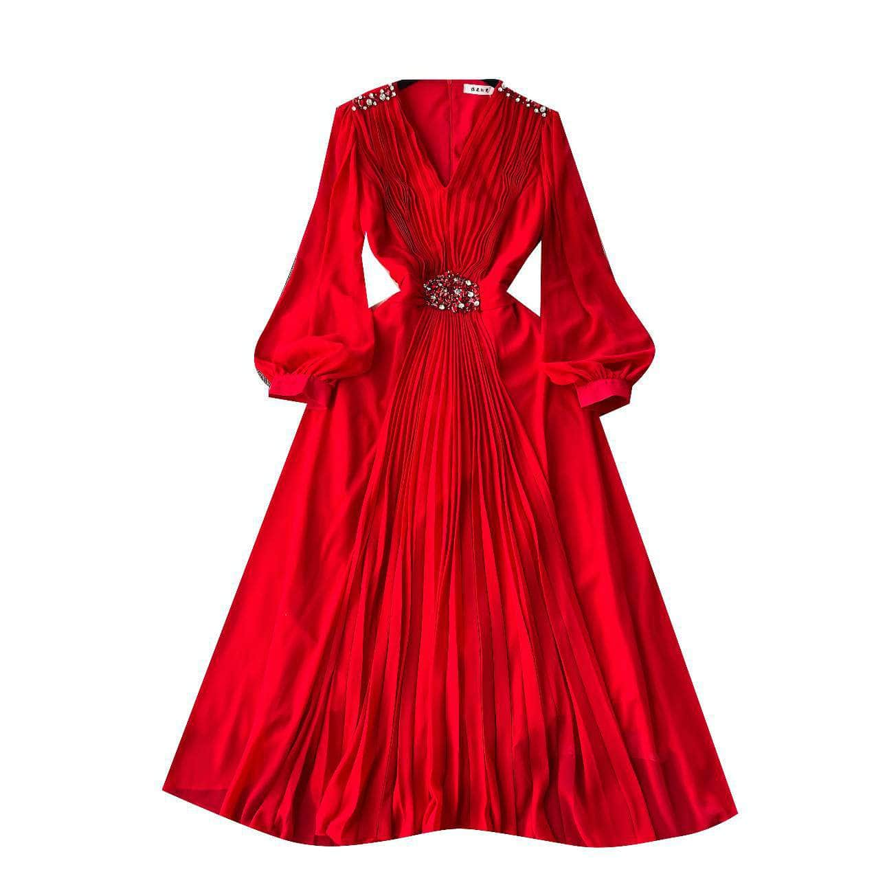 Lantern Sleeves Pleated Rhinestone Detailed Maxi Dress