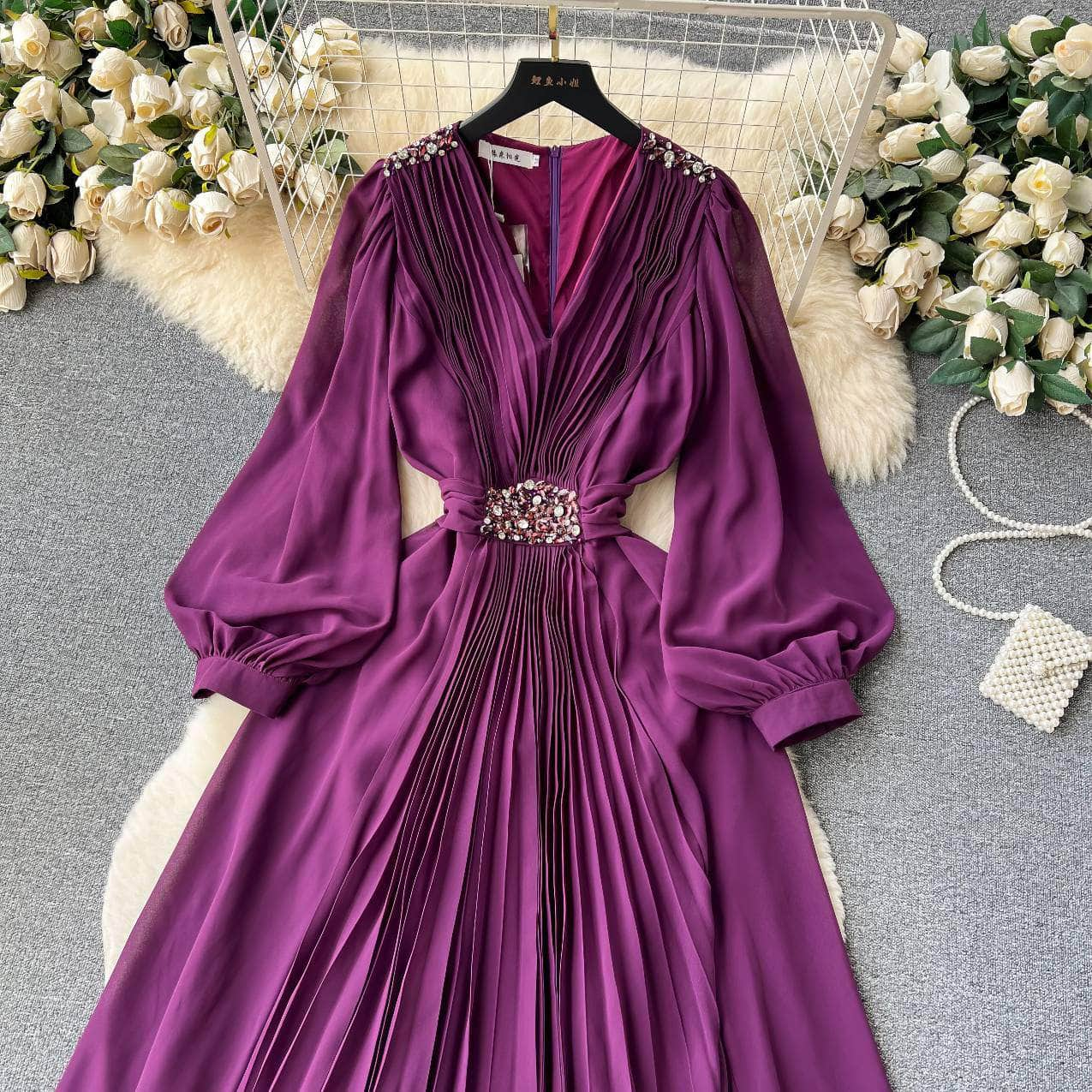 Lantern Sleeves Pleated Rhinestone Detailed Maxi Dress