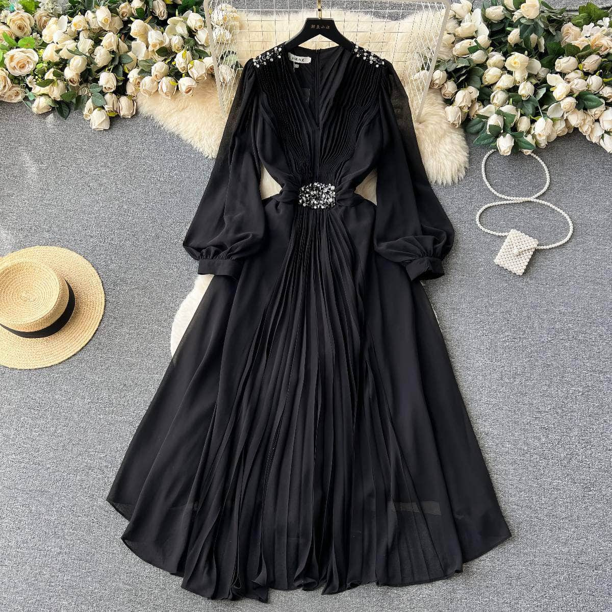 Lantern Sleeves Pleated Rhinestone Detailed Maxi Dress M / Black