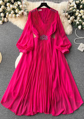 Lantern Sleeves Pleated Rhinestone Detailed Maxi Dress M / DeepPink