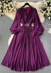 Lantern Sleeves Pleated Rhinestone Detailed Maxi Dress M / Purple