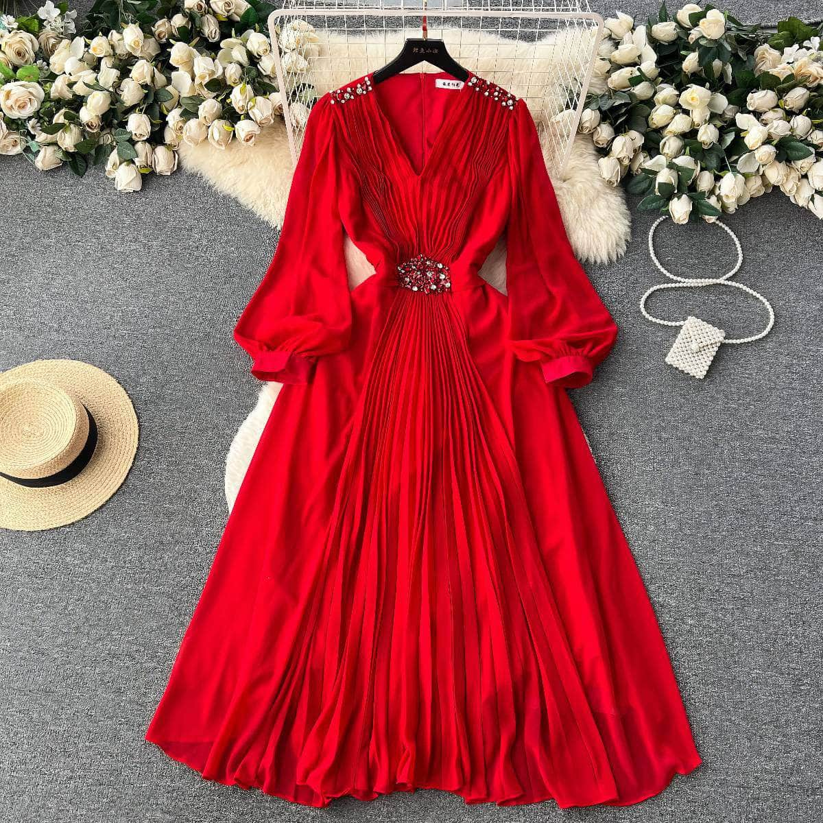 Lantern Sleeves Pleated Rhinestone Detailed Maxi Dress M / Red