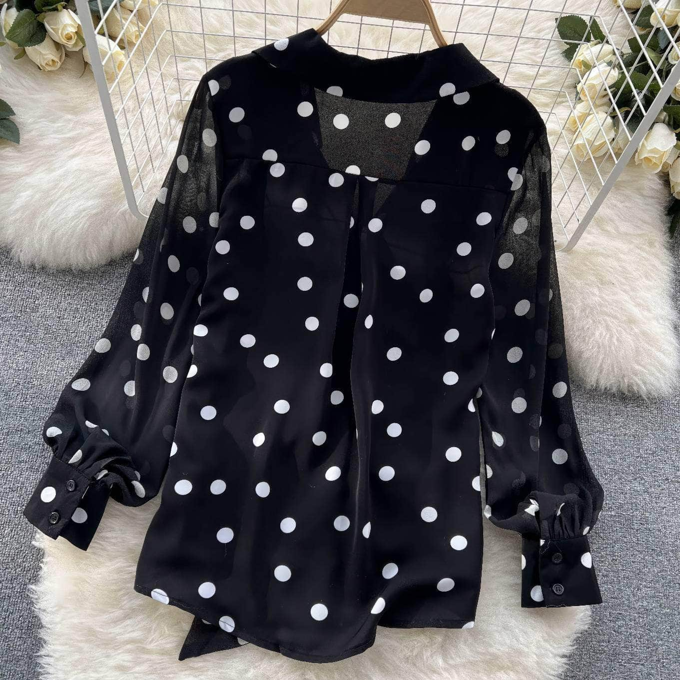 Lantern Sleeves Polka Dot Bow Sash Blouse