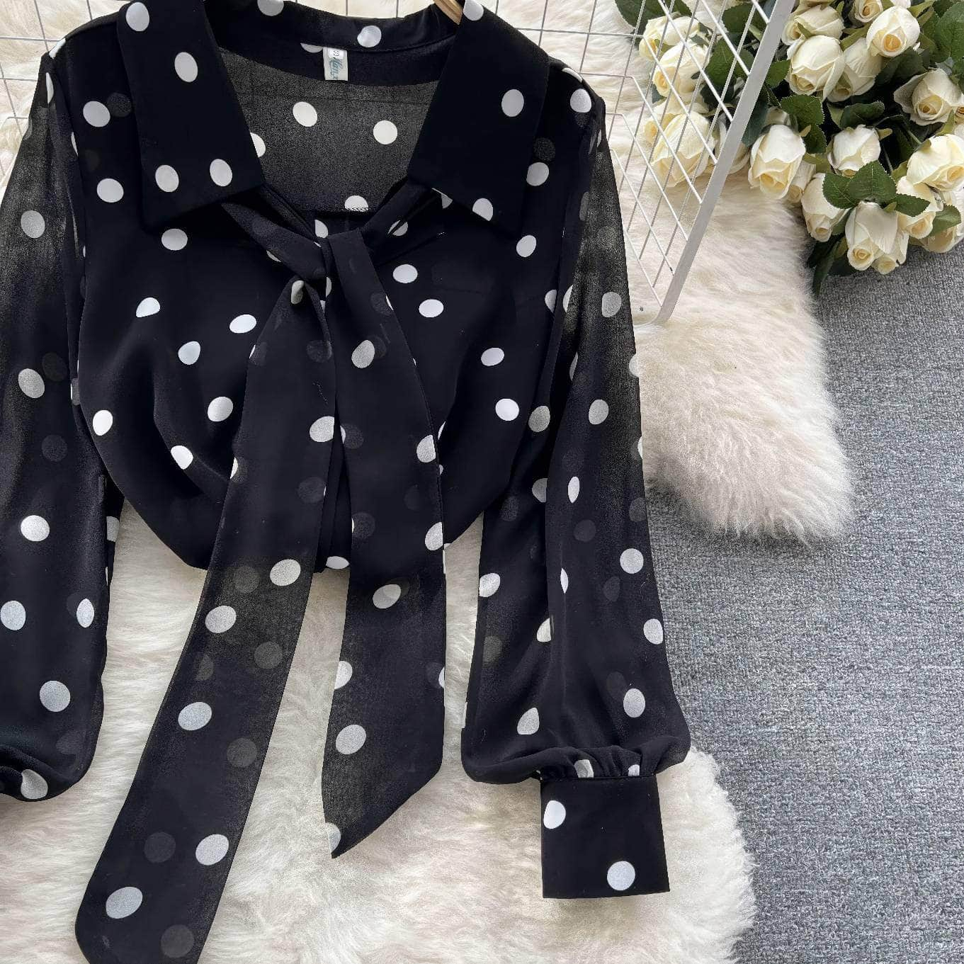 Lantern Sleeves Polka Dot Bow Sash Blouse