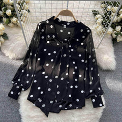 Lantern Sleeves Polka Dot Bow Sash Blouse