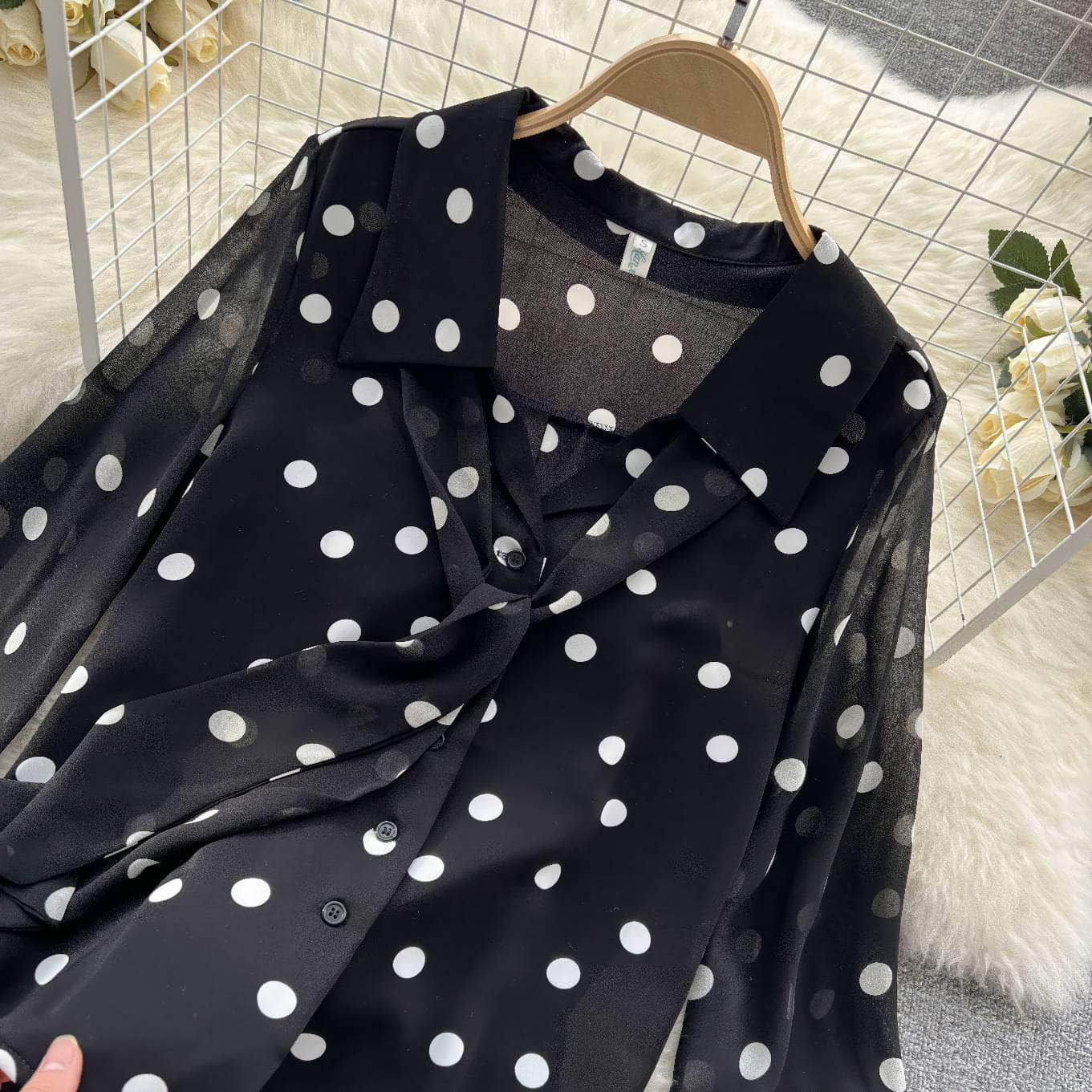 Lantern Sleeves Polka Dot Bow Sash Blouse