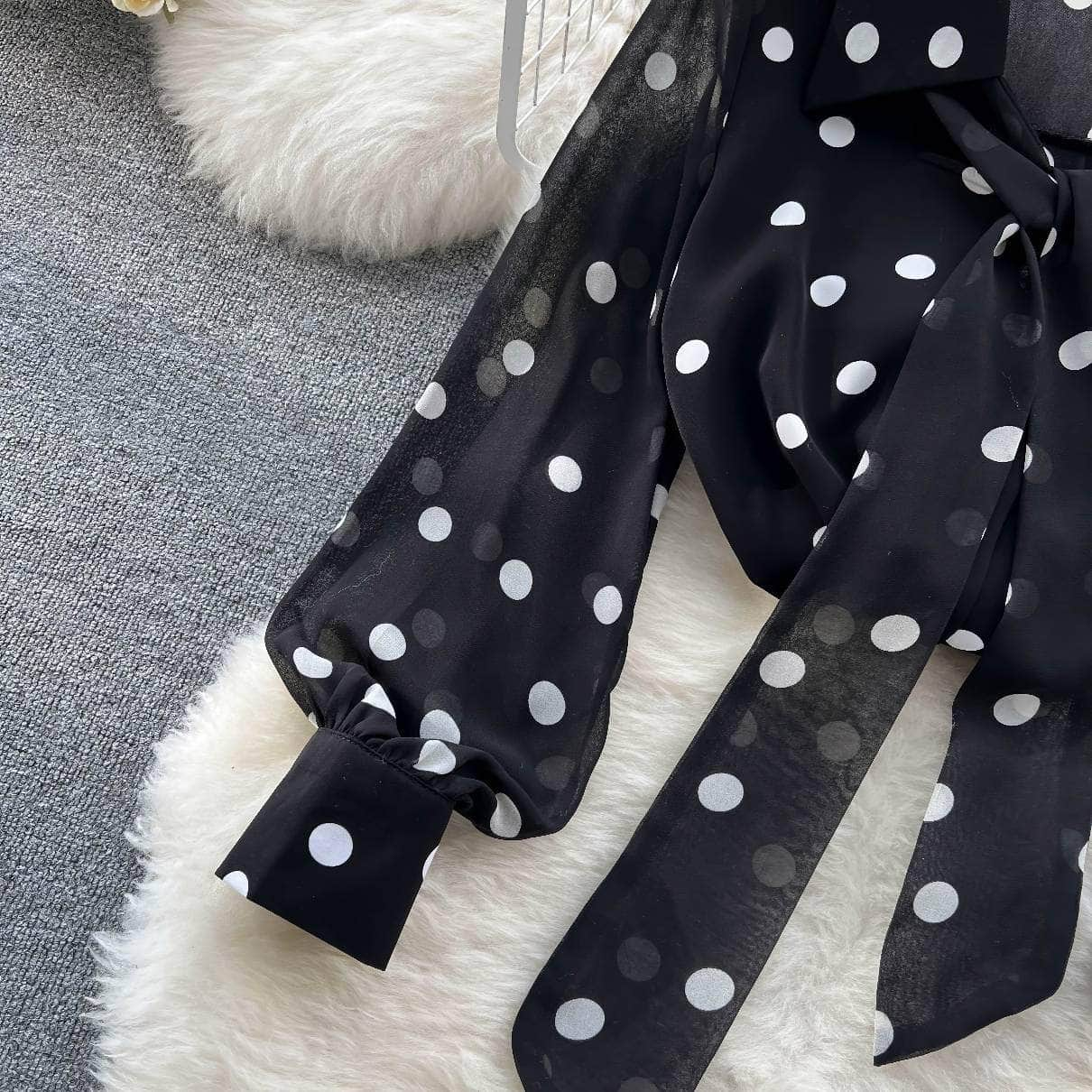 Lantern Sleeves Polka Dot Bow Sash Blouse