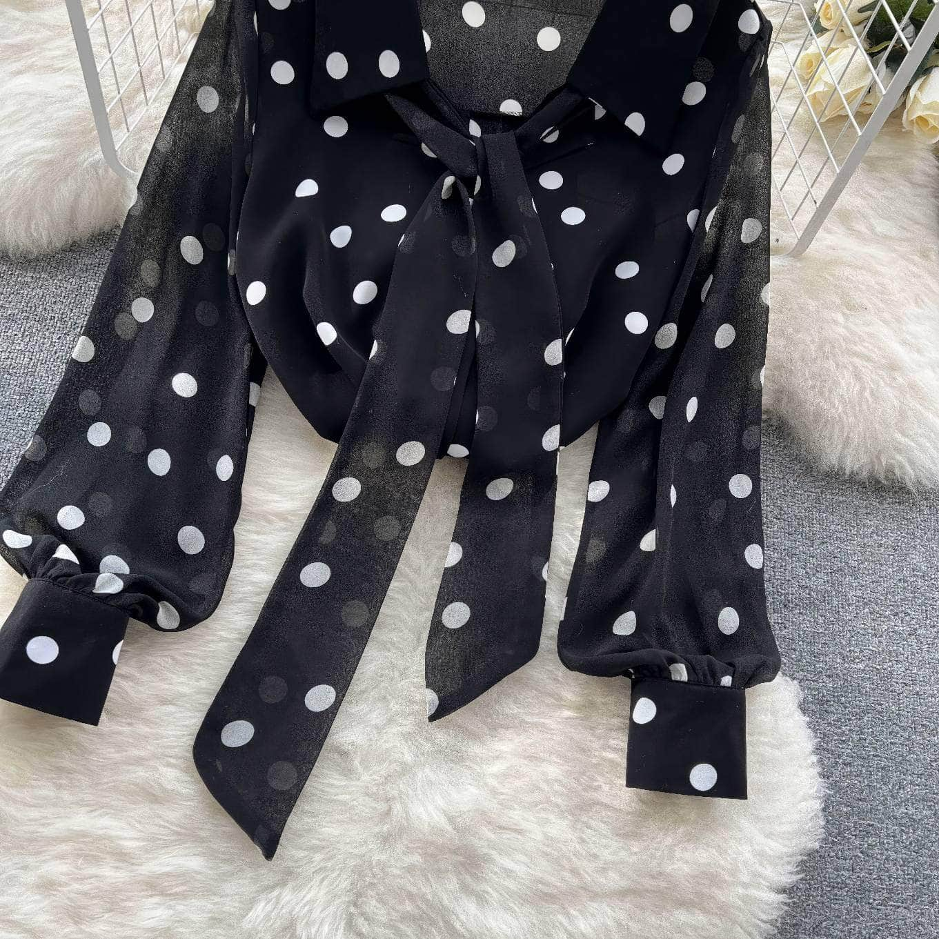 Lantern Sleeves Polka Dot Bow Sash Blouse