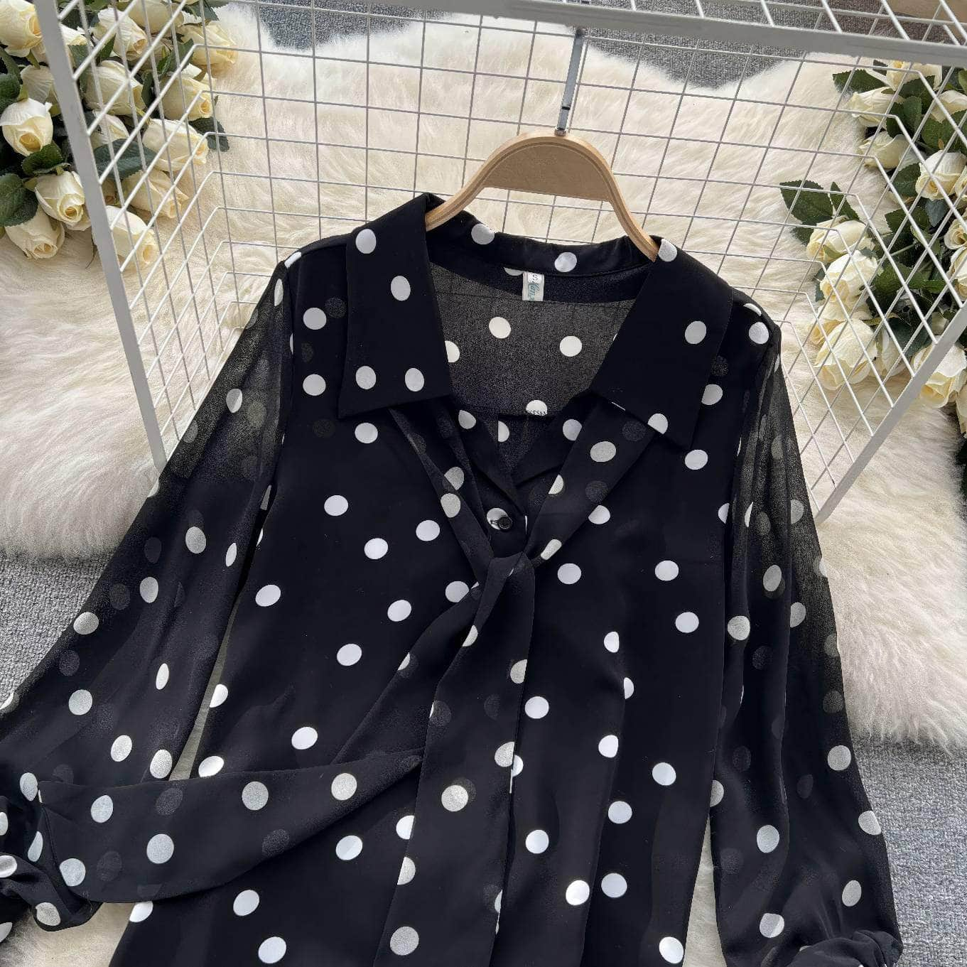 Lantern Sleeves Polka Dot Bow Sash Blouse