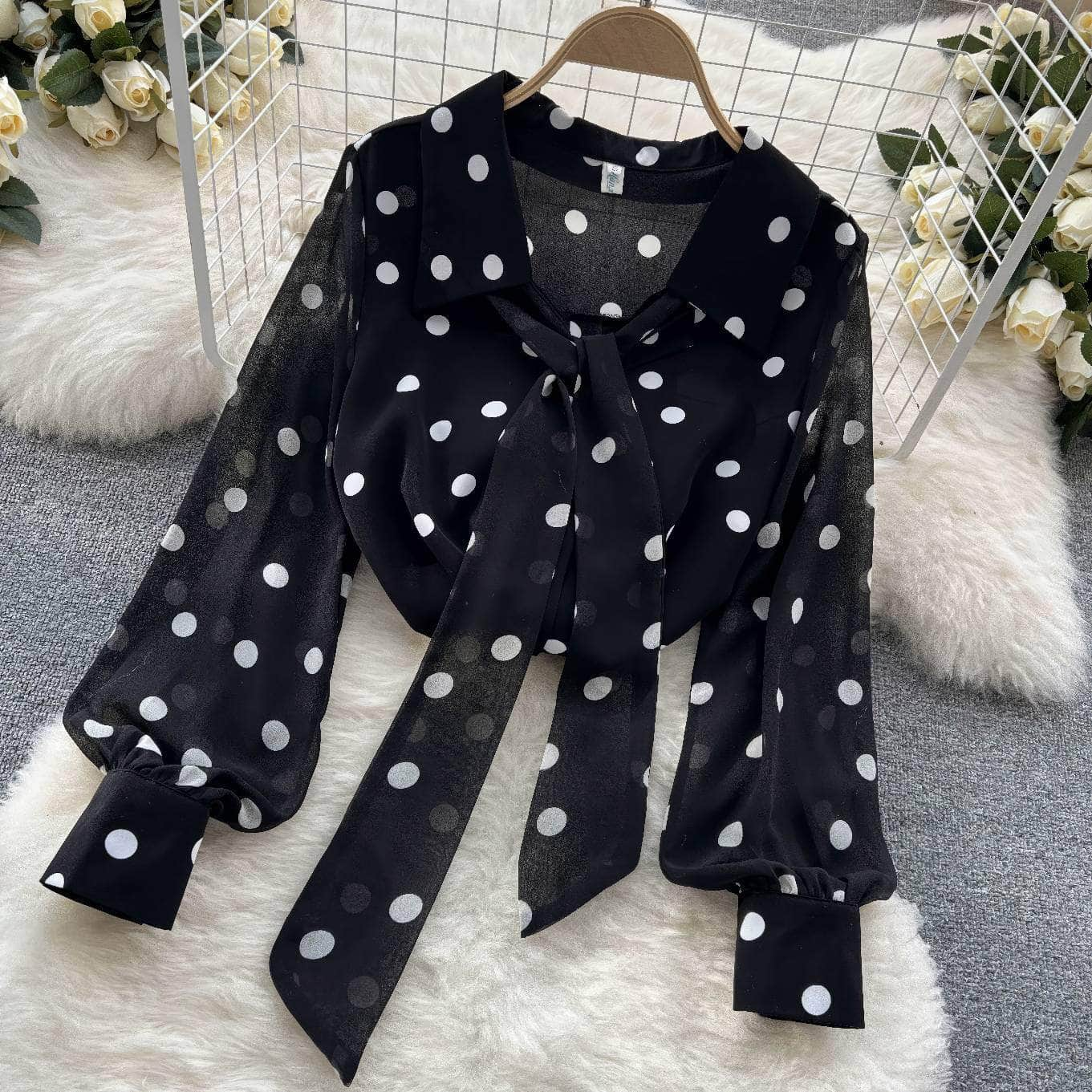 Lantern Sleeves Polka Dot Bow Sash Blouse