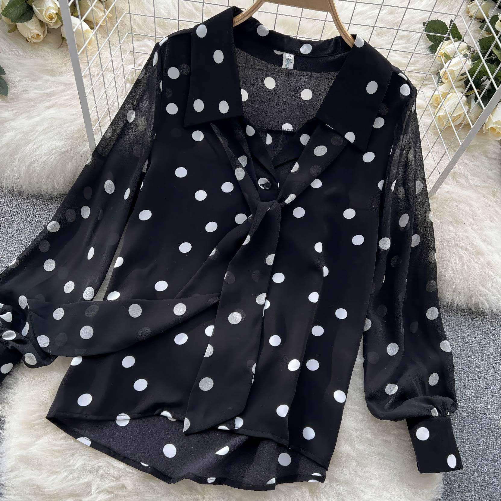 Lantern Sleeves Polka Dot Bow Sash Blouse