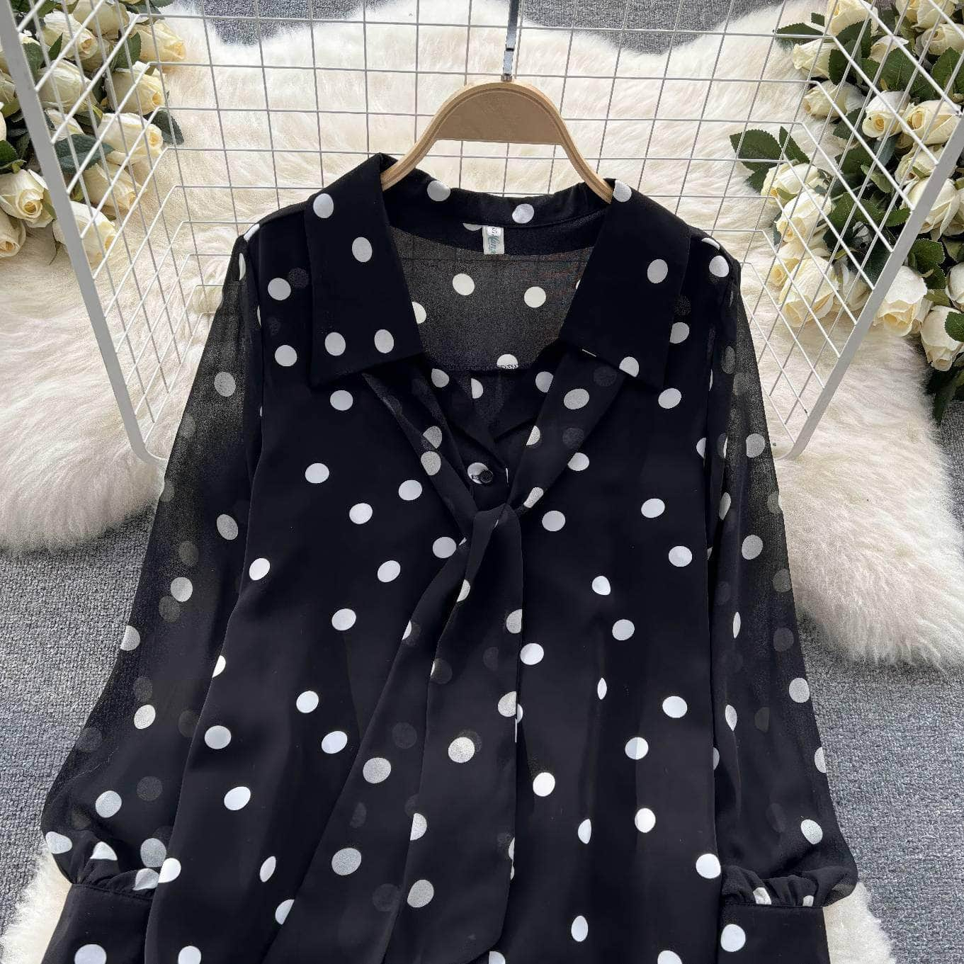 Lantern Sleeves Polka Dot Bow Sash Blouse