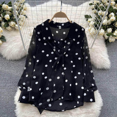 Lantern Sleeves Polka Dot Bow Sash Blouse