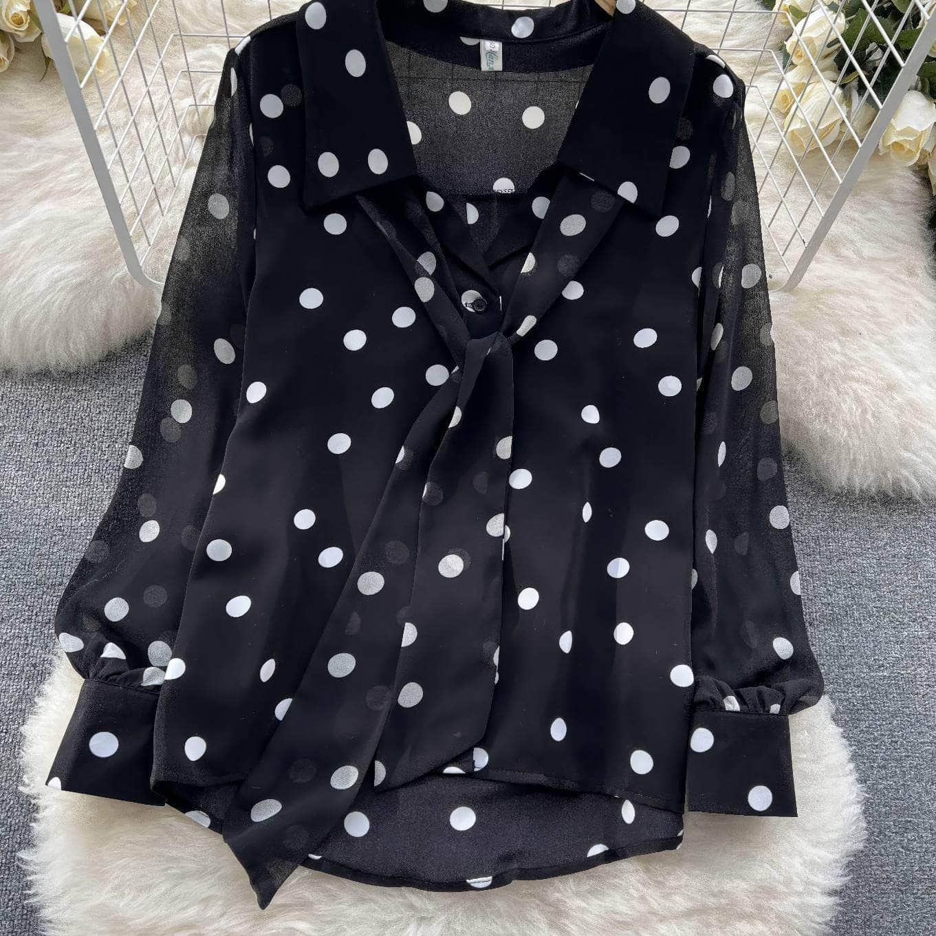 Lantern Sleeves Polka Dot Bow Sash Blouse