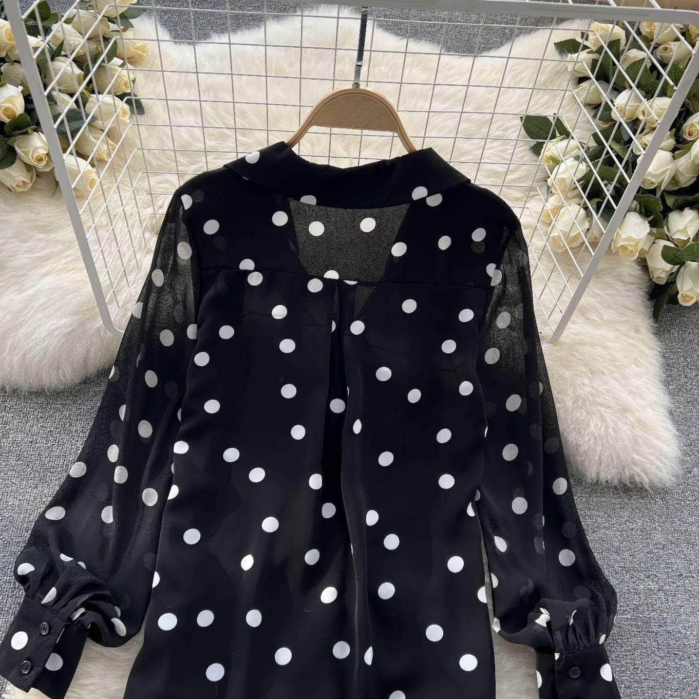 Lantern Sleeves Polka Dot Bow Sash Blouse