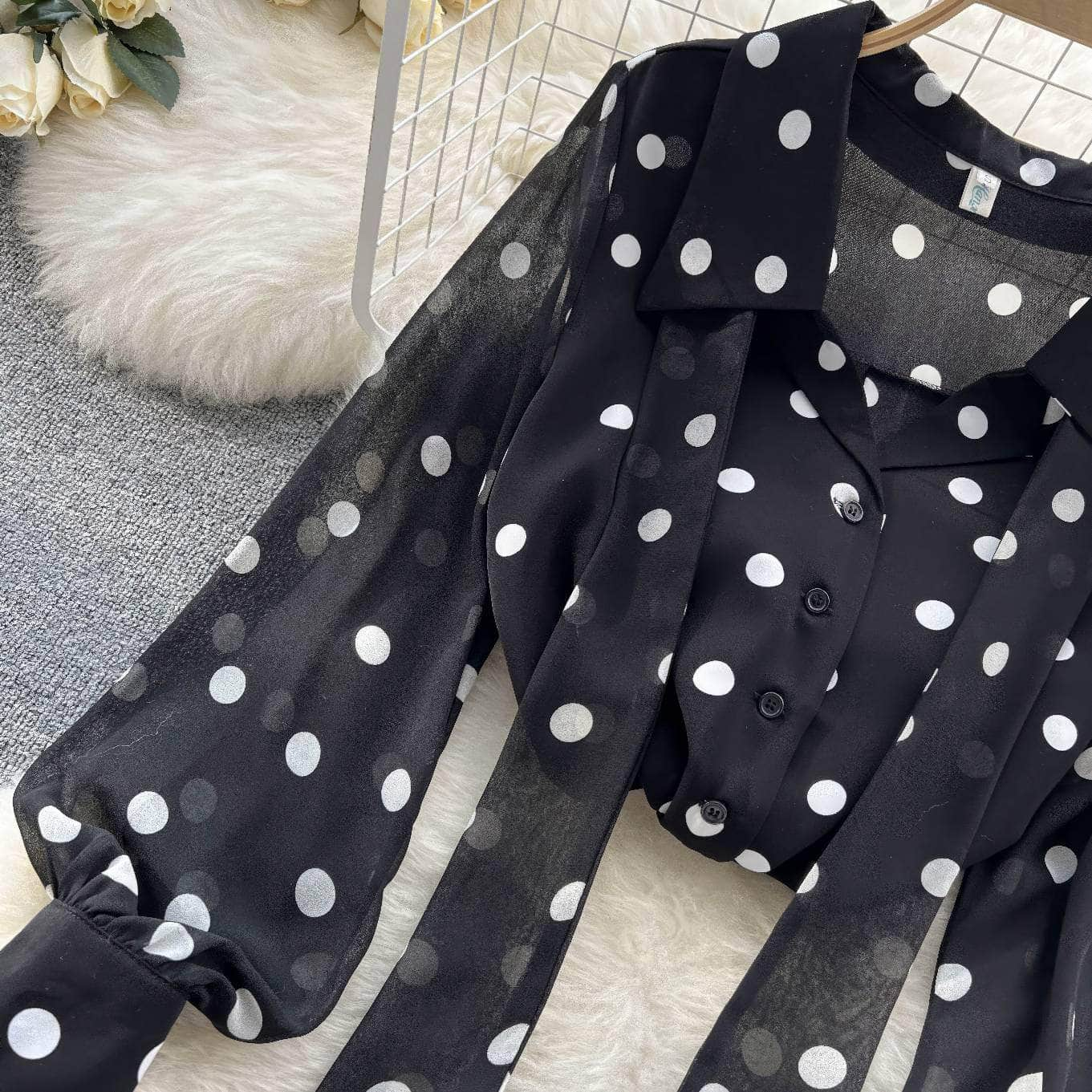 Lantern Sleeves Polka Dot Bow Sash Blouse