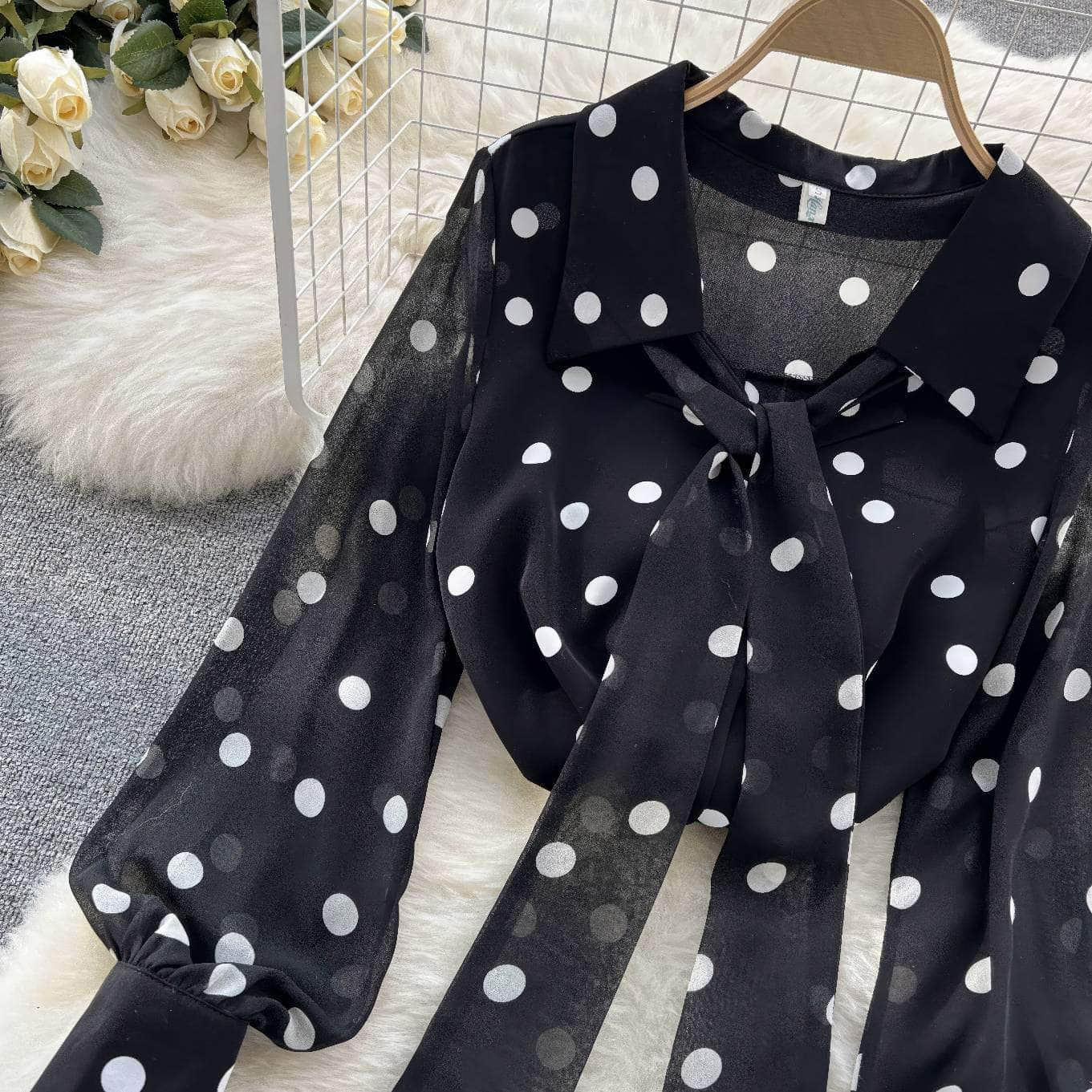 Lantern Sleeves Polka Dot Bow Sash Blouse