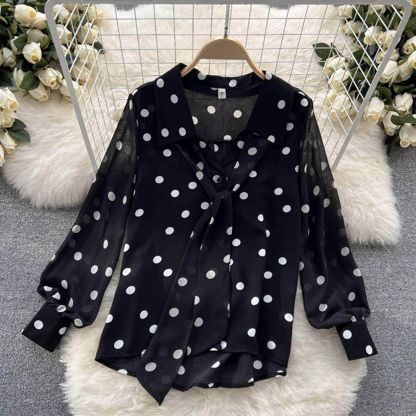 Lantern Sleeves Polka Dot Bow Sash Blouse