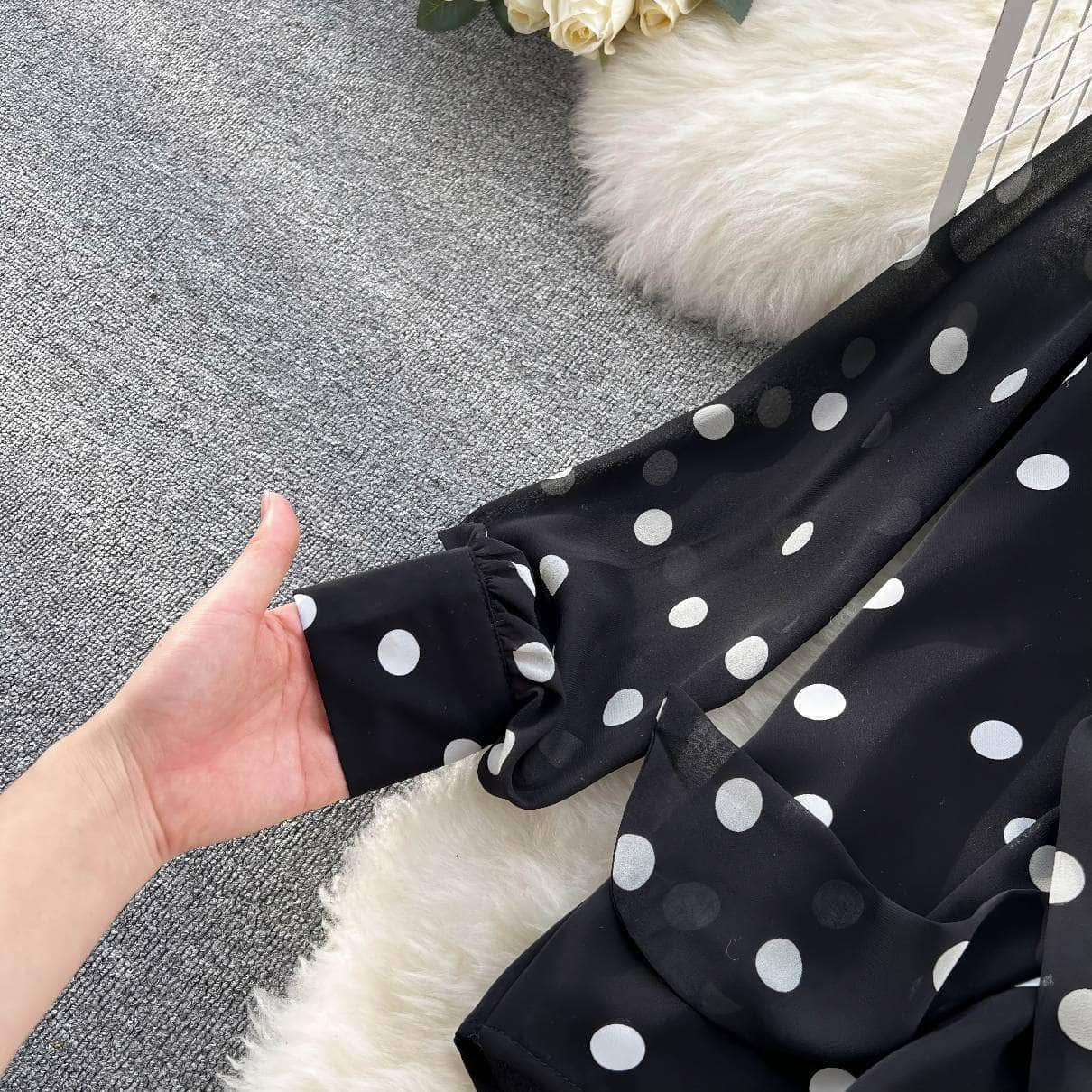 Lantern Sleeves Polka Dot Bow Sash Blouse