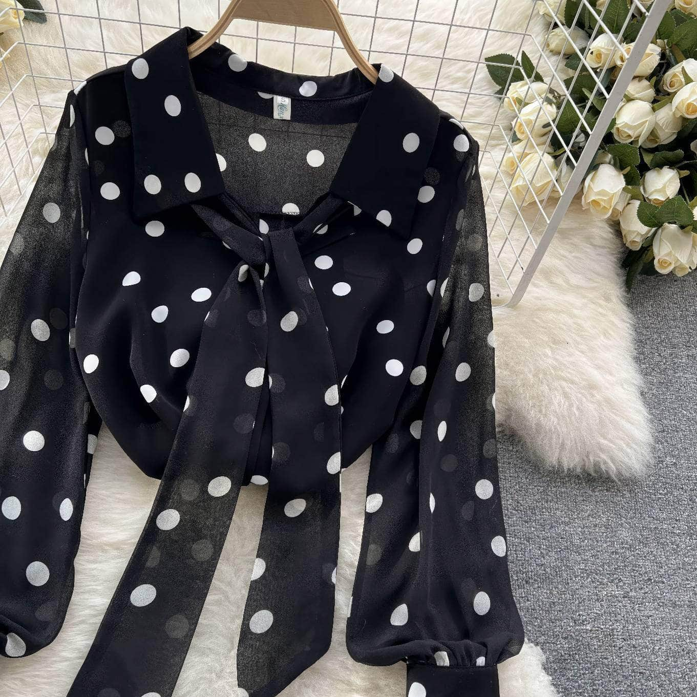 Lantern Sleeves Polka Dot Bow Sash Blouse