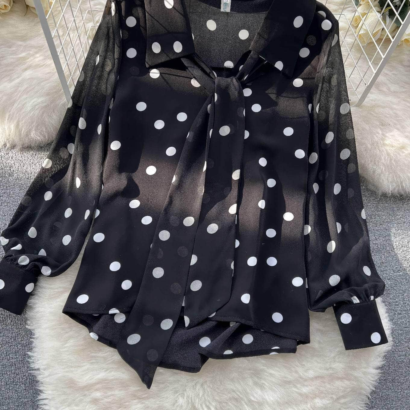 Lantern Sleeves Polka Dot Bow Sash Blouse