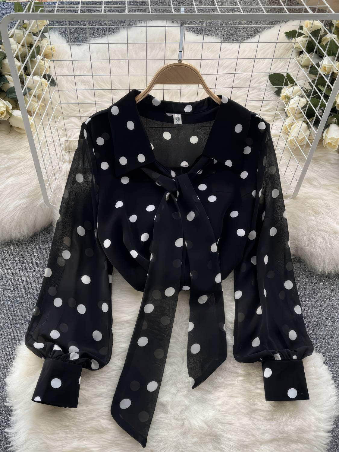 Lantern Sleeves Polka Dot Bow Sash Blouse S / Black