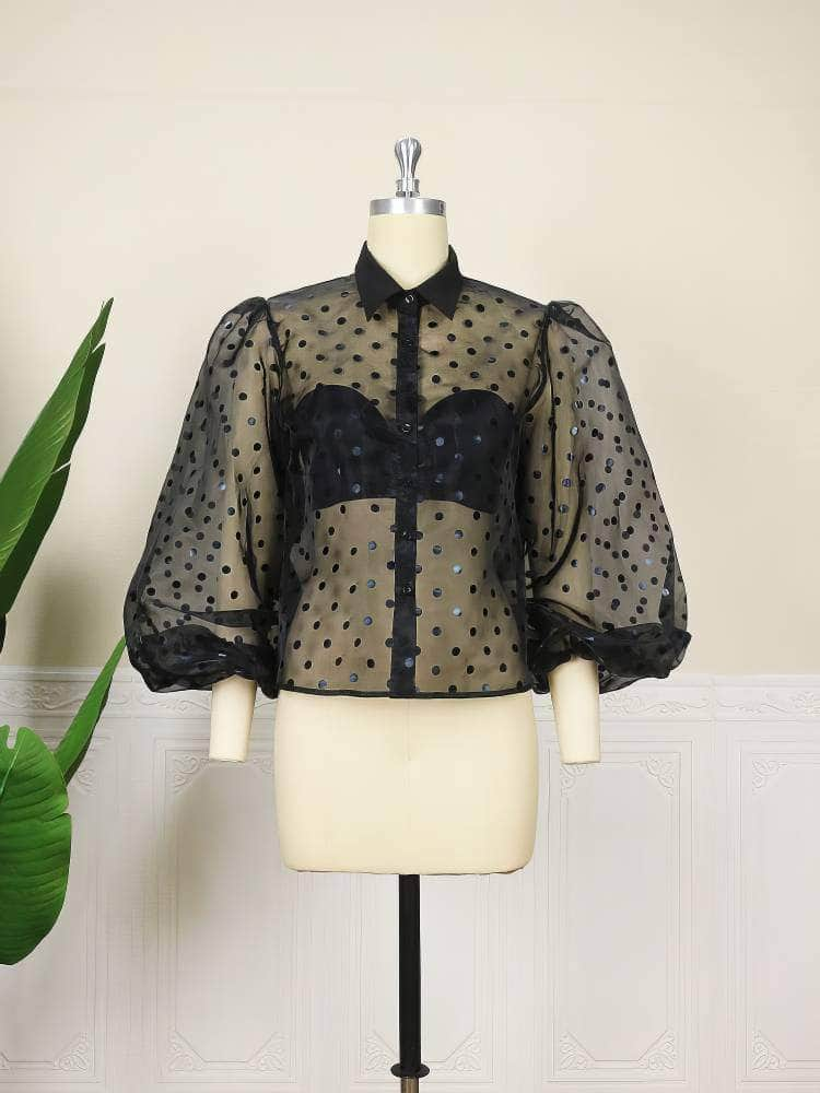 Lantern Sleeves Polka Dot Organza Blouse