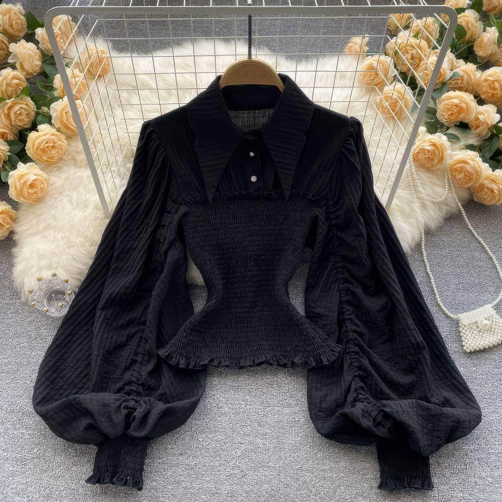 Lantern Sleeves Ruffle Pleated Collared Blouse MAX SIZE / Black