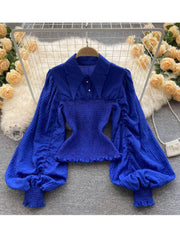 Lantern Sleeves Ruffle Pleated Collared Blouse MAX SIZE / Blue