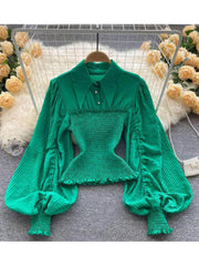 Lantern Sleeves Ruffle Pleated Collared Blouse MAX SIZE / Green