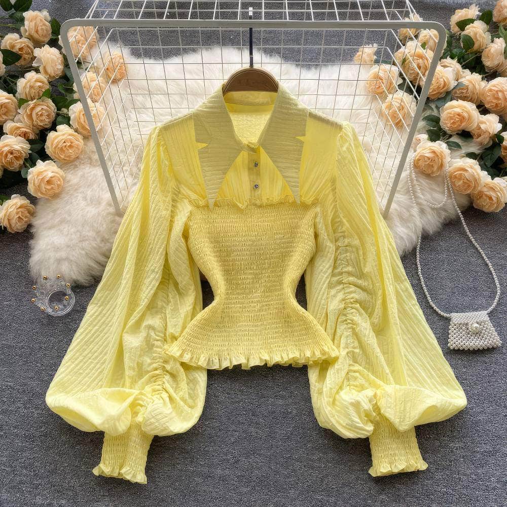 Lantern Sleeves Ruffle Pleated Collared Blouse MAX SIZE / Yellow