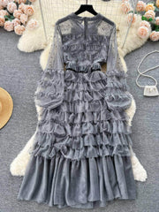 Lantern Sleeves Ruffled Layered Bow Rhinestone Detailed Mesh Dress