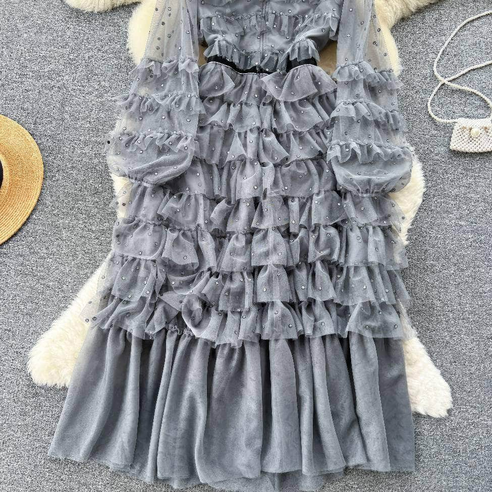 Lantern Sleeves Ruffled Layered Bow Rhinestone Detailed Mesh Dress