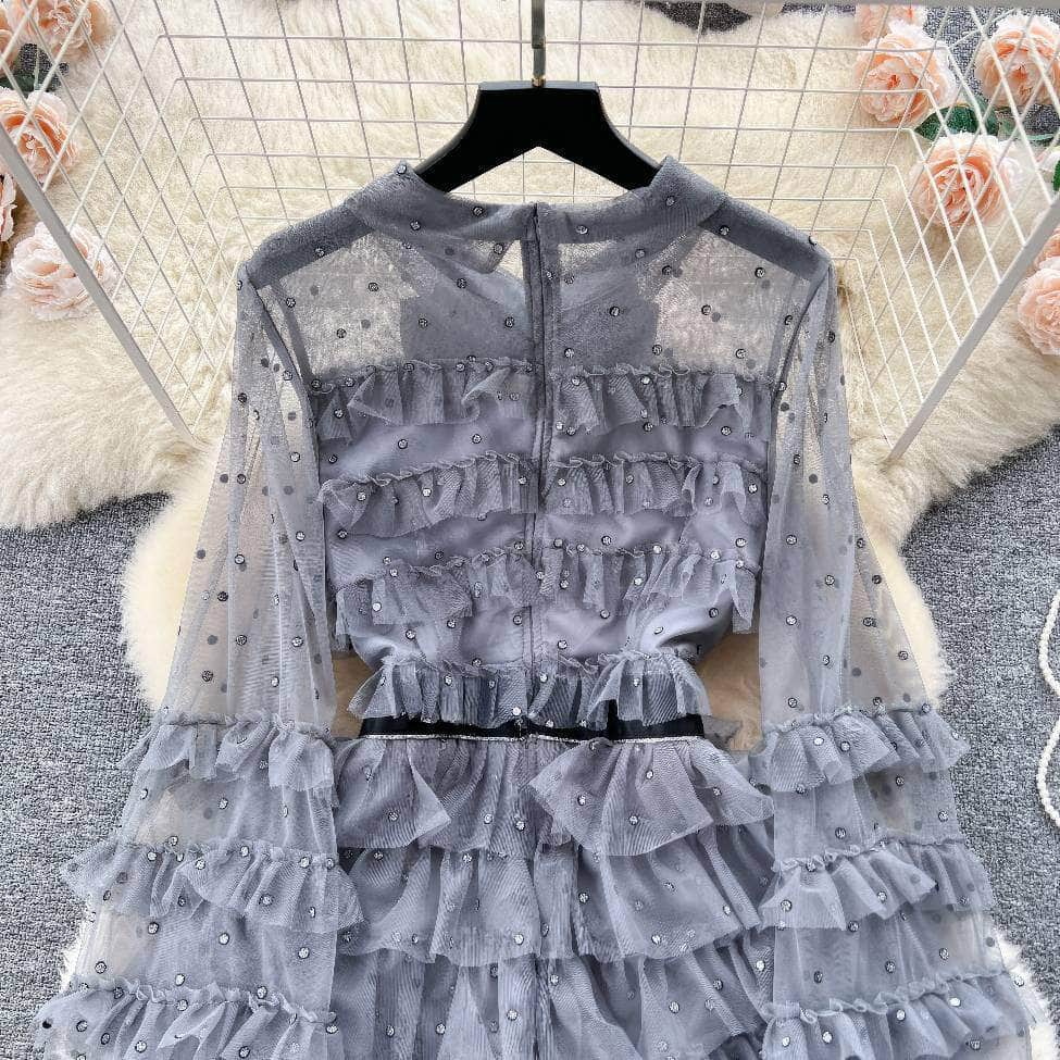 Lantern Sleeves Ruffled Layered Bow Rhinestone Detailed Mesh Dress