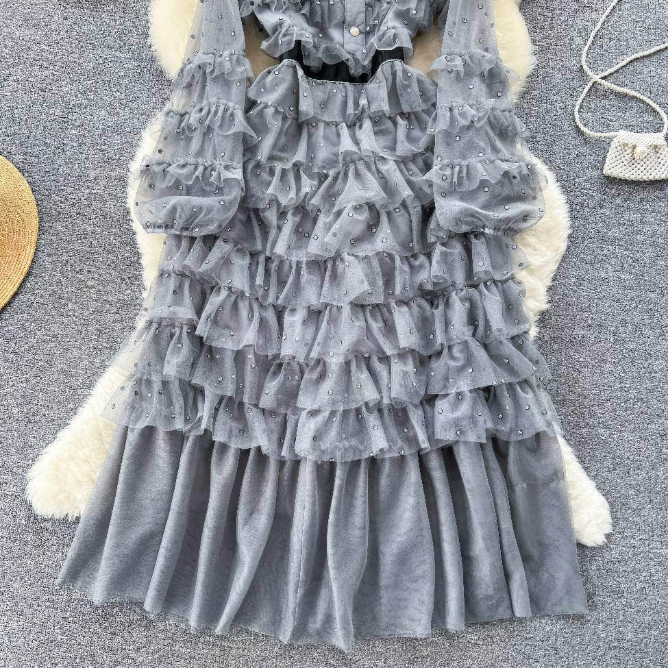 Lantern Sleeves Ruffled Layered Bow Rhinestone Detailed Mesh Dress