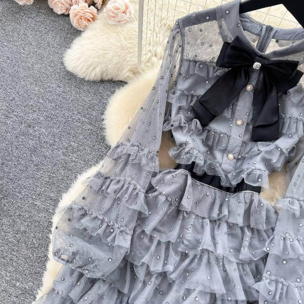 Lantern Sleeves Ruffled Layered Bow Rhinestone Detailed Mesh Dress