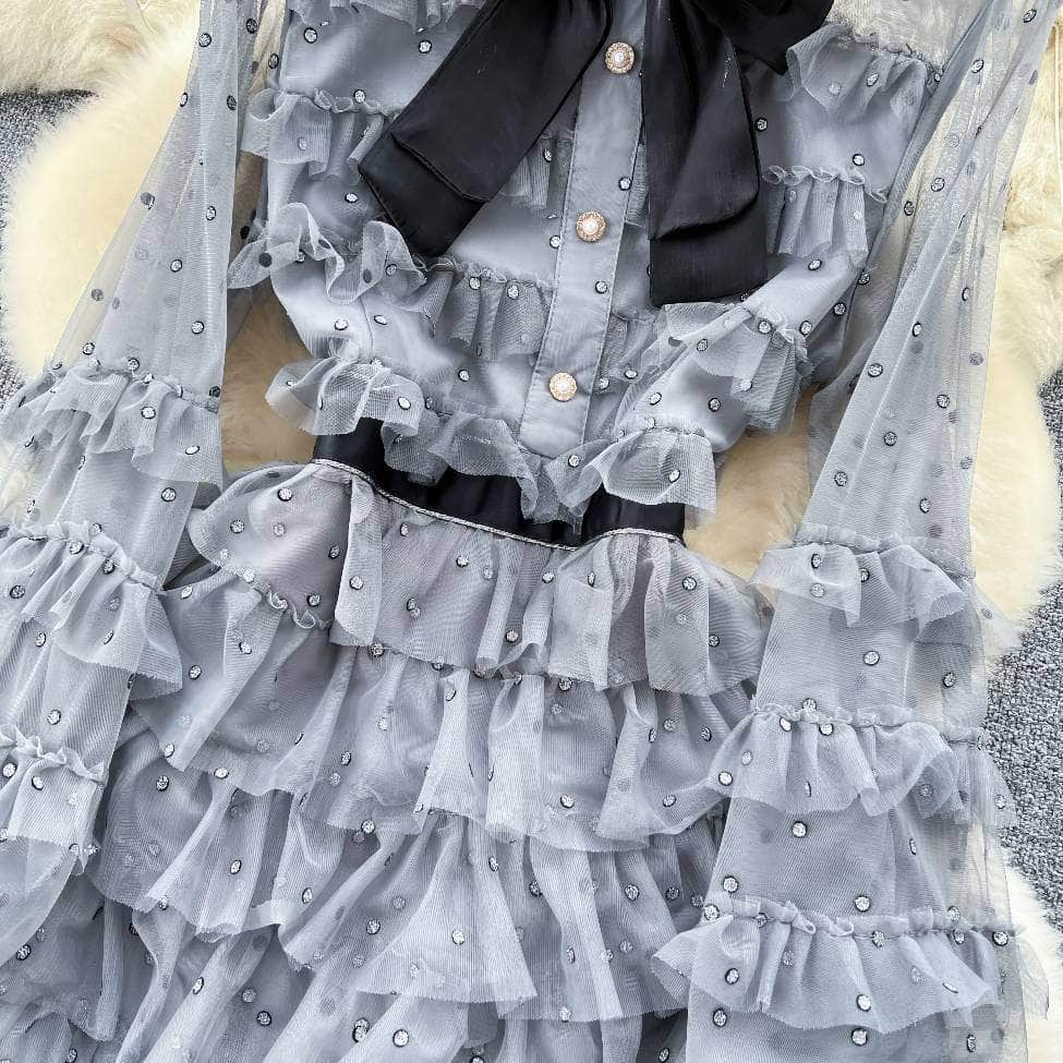 Lantern Sleeves Ruffled Layered Bow Rhinestone Detailed Mesh Dress