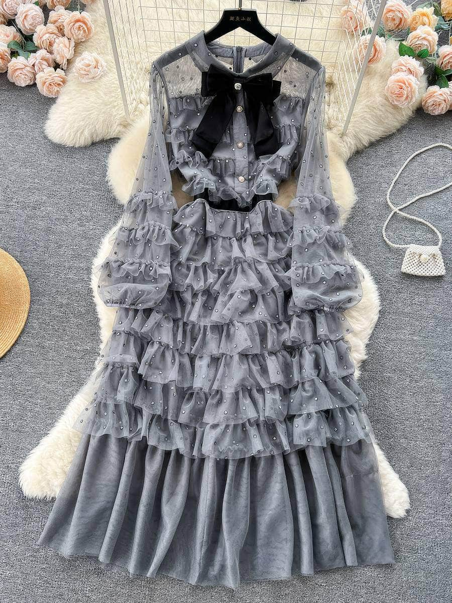 Lantern Sleeves Ruffled Layered Bow Rhinestone Detailed Mesh Dress S / Gray