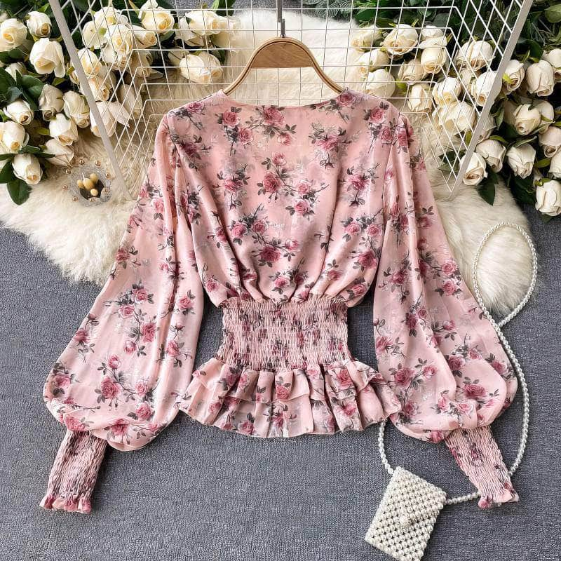 Lantern Sleeves Ruffled V-Neck Chiffon Blouse