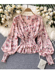 Lantern Sleeves Ruffled V-Neck Chiffon Blouse MAX SIZE / Pink